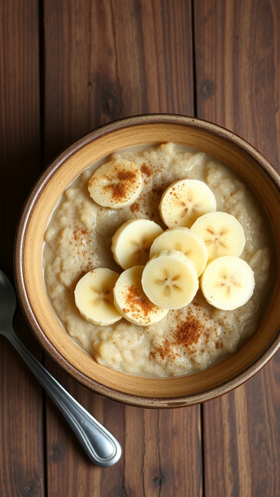 A bowl of oatmeal with banana slices and cinnamon on a wooden table.